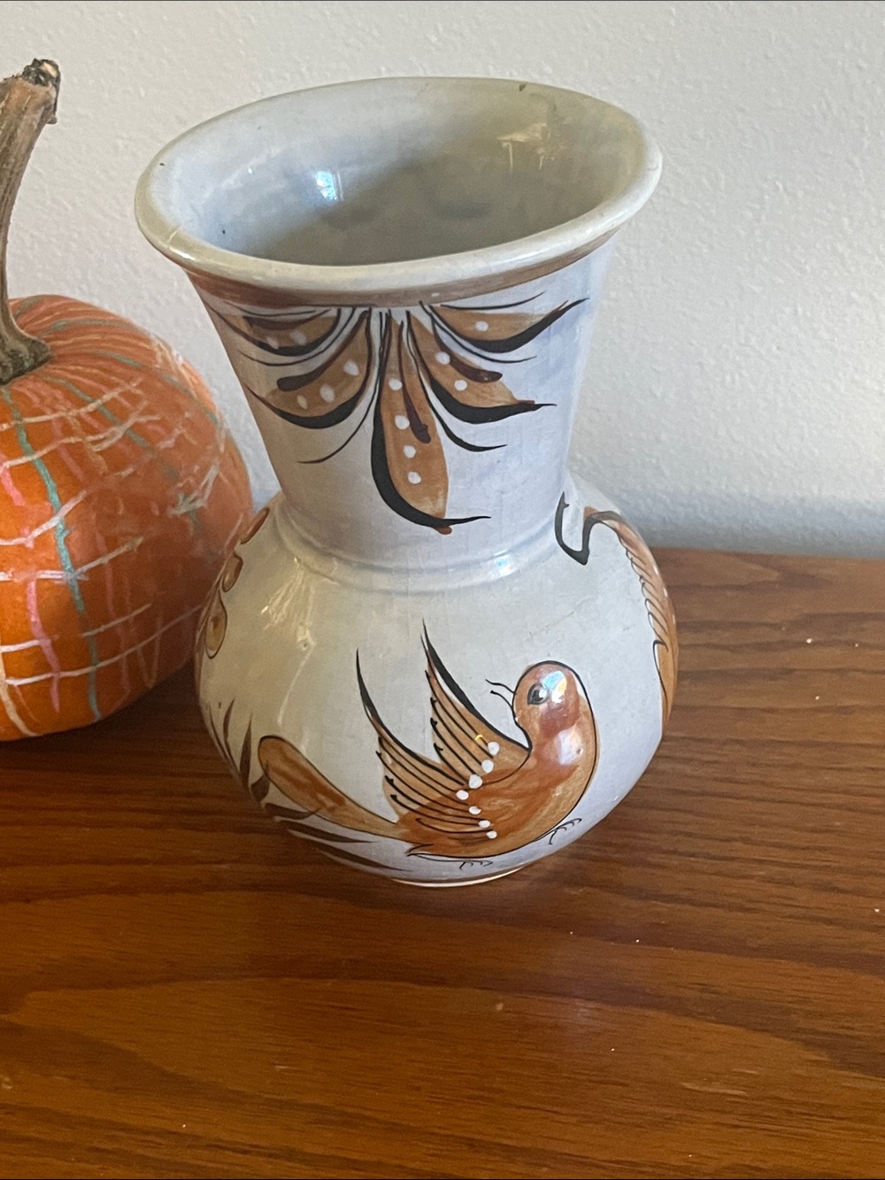 Mexican pottery Hand-Painted Ceramic Bird Vase in Light Gray and Brown